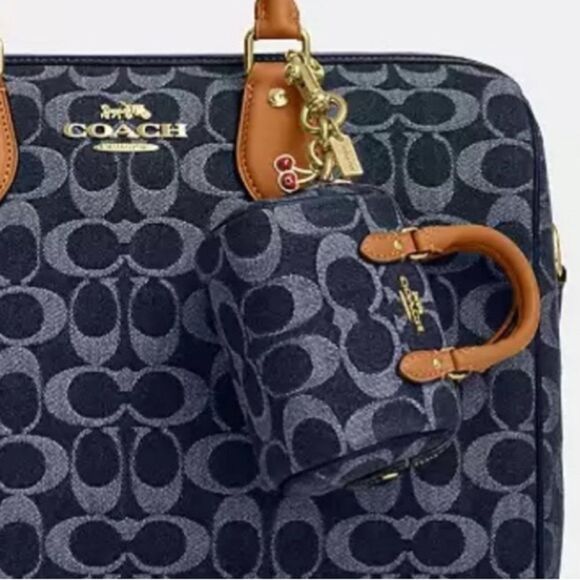 Coach Mini Rowan Bag Charm In Signature Denim With Cherry Charm Purse - Picture 11 of 11